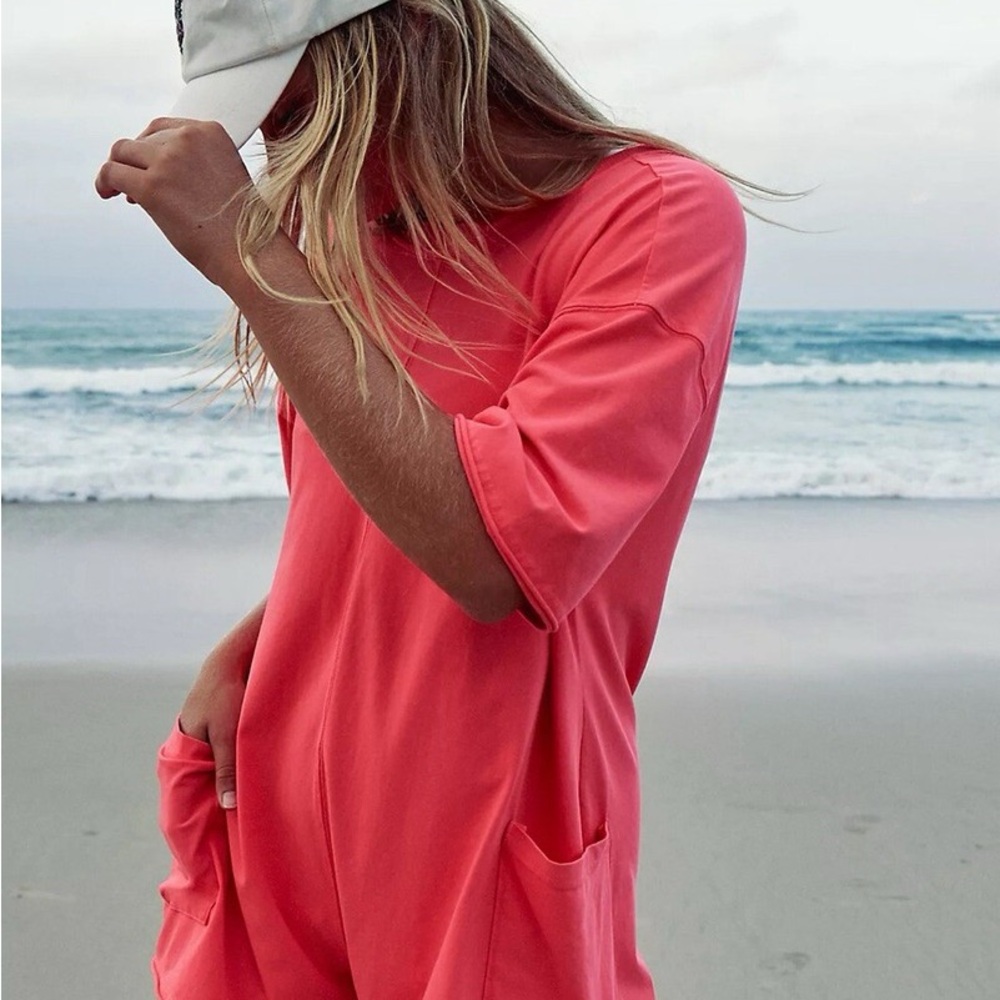 Free People Hot Shot Tee Romper Large Hot Pink